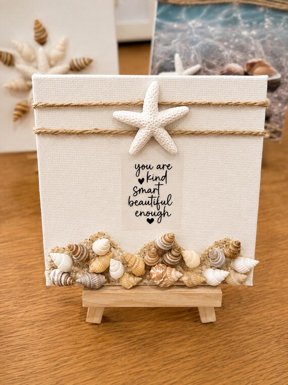 You Are Kind Smart Beautiful Enough Mini Canvas | Seashell Coastal Decor | Inspirational Quote Gift | Positive Affirmation Art
