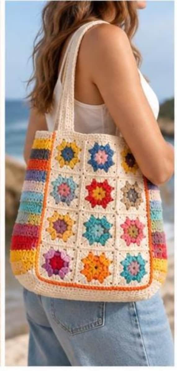 Soft Crochet Colourful Granny Square Tote Bag, Boho Beach Bag, Crochet Shoulder Bag, Market Tote, Retro Summer Bag, Unique Gift