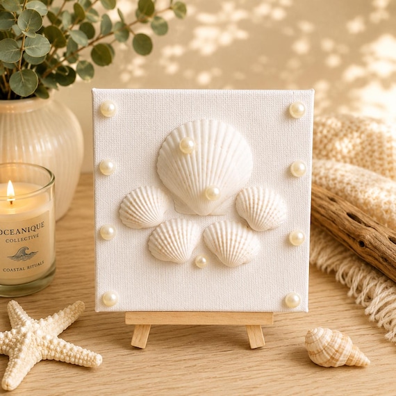Handmade Shell Mini Canvas Art, Coastal Beach House Decor