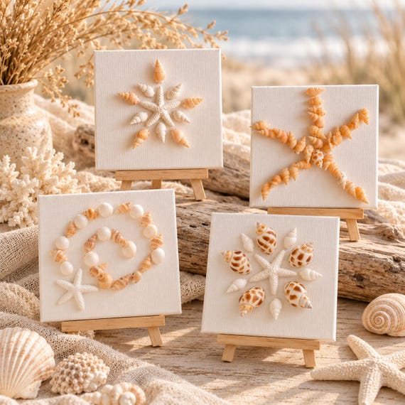 Star Handmade Mini Shell Canvas Art, Coastal Beach House Decor, Ocean Inspired Home -Choose your Star Design!