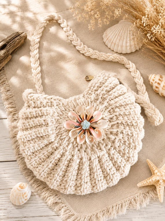 Luxury Shell Design Crochet Bag, Handmade Coastal Shoulder Bag, Elegant Crochet Handbag, Boho Beach Purse, Unique Seashell Inspired Bag
