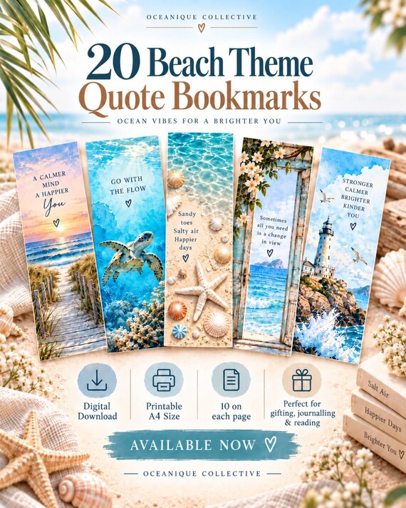20 Ocean Vibe Quote Bookmarks, Printable Coastal Bookmarks, Beach & Ocean Lover Gift, Inspirational Reading Bookmarks, A4 Digital Download