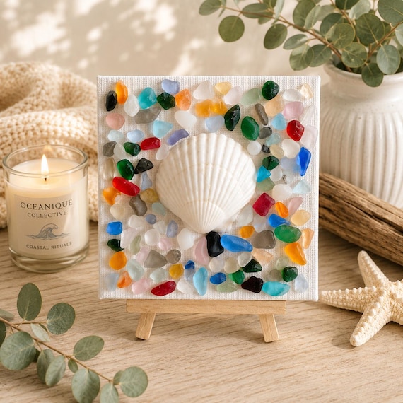 Handmade Mini Canvas Shell Art, Coastal Decor, Sea Glass Beach House Accent