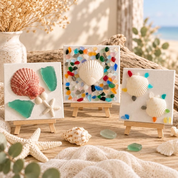 Coloured Sea Glass & Shell Mini Canvas Art | Handmade Coastal Decor | Beach House Wall Art | Ocean Inspired Gift, Choose your Design