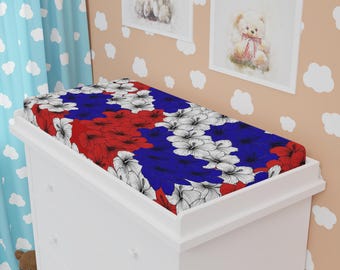 Red White Blue Floral Baby Changing Pad Cover | Patriotic Hibiscus Nursery