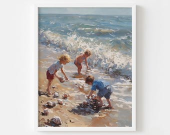Children Playing Beach Scene Painting, Nostalgic Summer Coastal Artwork (Digital Download)