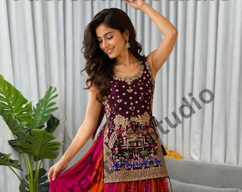 Multi Color Navratri Lehenga Choli Set, Vichitra Silk, Sequins Shrug, Garba Dress