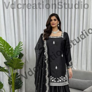Black Color Indian Crepe Kurta Plaza Set With Dupatta, Thread Sequence Work Ethnic Suit
