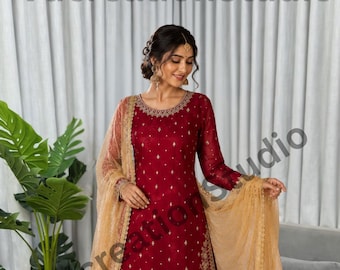 Red JC Silk Suit Set, Embroidered Moti Work, Fully Stitched Salwar Kameez