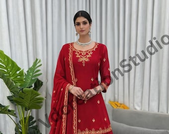 Rode kleur faux Georgette Sharara-pak met geborduurde pailletten, dupatta-set