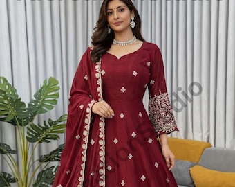 Maroon Color Anarkali Gown Suit, Hand Embroidery With Sequence Work Dupatta, Indian Wedding Gown