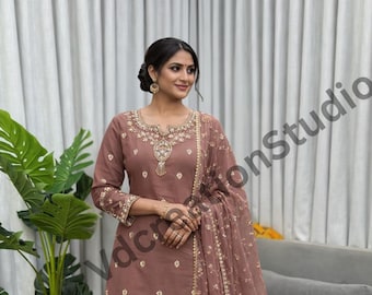 Pich Color Georgette Embroidered Kurta Set With Dupatta, Sequins Beads Work Suit