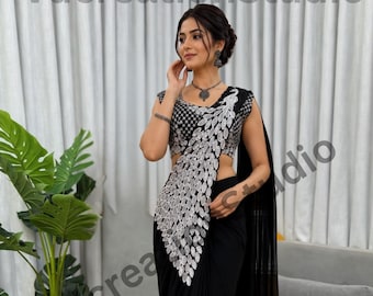 Black Embroidered Faux Georgette Saree, Ready To Wear, Sequins Work