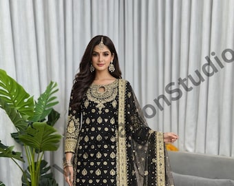 Black Color Georgette Embroidered Kurta Set With Dupatta And Sequins Work Plazzo Suit