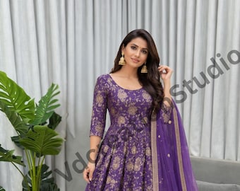 Purple Color Crunchy Silk Anarkali Set With Organza Dupatta, Sequins Embroidered Gown
