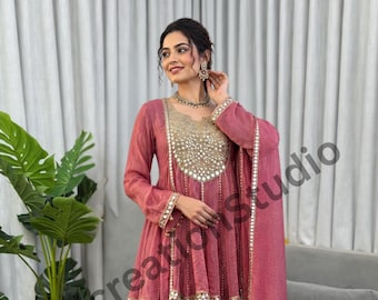 Pink Fendi Silk Kurta Set with Mirror Work and Dhoti Pants