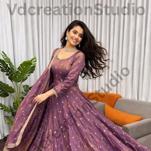 Pink Color Fendi Silk Gown Pant Set, Thread Sequins Embroidered Indian Gown