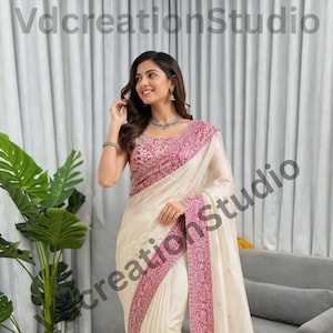 Cream Glass Organza Silk Saree, Thread Sequence Work, Party Wear Ethnic Sari