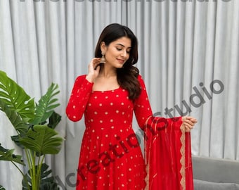 Red Color Chinnon Silk Anarkali Suit Set , Sequin Embroidery, Pant And Dupatta