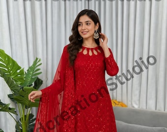 Red Color Heavy Faux Georgette Suit, Embroidered Anarkali Suit