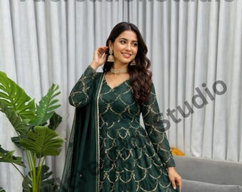 Green Color Mal Chanderi Anarkali Gown With Sequin Thread Work, Pant And Lace Dupatta