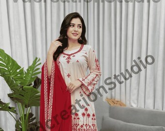 Conjunto de traje Salwar de seda romana color crema, Kurta con bordado de hilo y Salwar Harem.