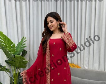 Red Color Heavy Faux Georgette Suit Set, Embroidered Kurta Pant Dupatta,