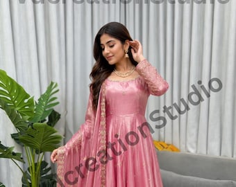 Pink Fendi Silk Anarkali Gown Set, Thread Sequin Embroidery Dupatta, Pant