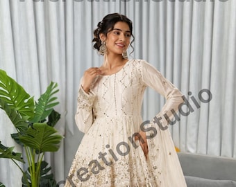 White Color Chinon Silk Suit Set, Embroidered Salwar Suit, Indian Wedding Outfit