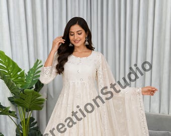 White Color Georgette Anarkali Suit Set, Sequin Embroidered Anarkali Dress, Indian Wedding Outfit