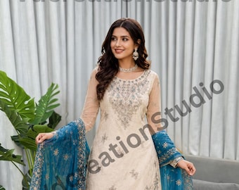 Teal Heavy JC Silk Suit Set, Embroidered Moti Work Kurta Palazzo Dupatta