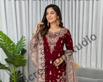 Red Color Heavy Faux Georgette Suit Set, Embroidered Salwar Suit