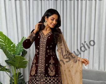 Maroon Velvet Embroidered Salwar Suit, Organza Silk Indian Wedding Outfit
