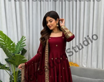 Pink Fendi Silk Anarkali Gown Set, Thread Sequin Embroidery Dupatta, Pant