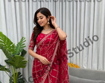 Pink Fendi Silk Saree, Designer Indian, Thread Sequence Embroidery