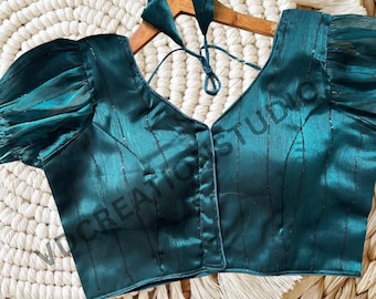 Teal Zimi Chu Silk Blouse | Sequin V Neck, Front Open Readymade Blouse
