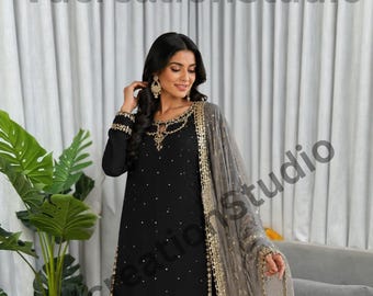 Black Color Faux Georgette palazzo Set with Sequins Coding Dori Work Net Dupatta