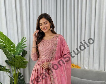 Pink Color Chinon Silk Gown Pant Dupatta Set, Thread Sequins Embroidered Indian Gown