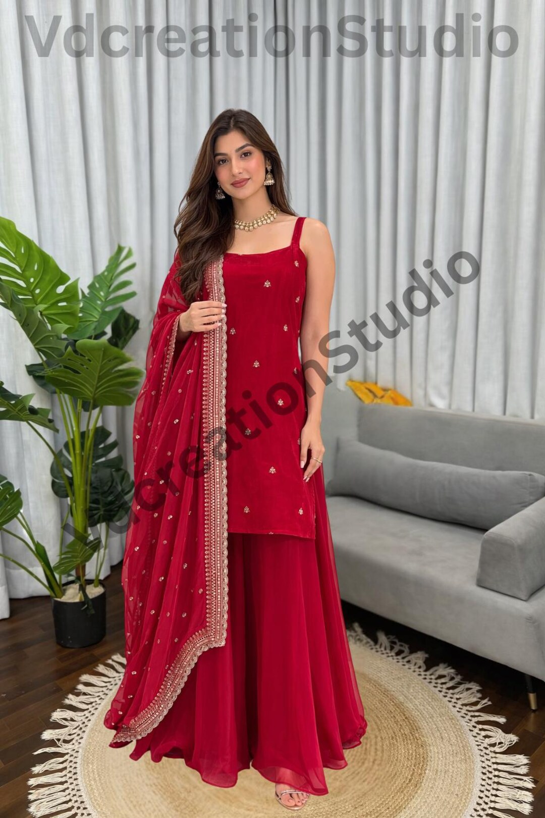Red Color Jimi Choo Kurta Palazzo Set With Dupatta – Thread Sequence ...