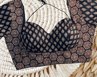 Black Ajrakh Cotton Blouse, Padded, Back Open Saree Blouse