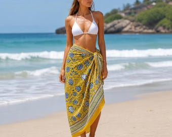 Pareo de algodón amarillo con estampado a mano, estilo bohemio floral para la playa.