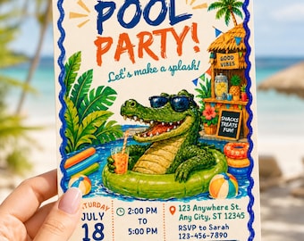 Uitnodiging voor het alligatorzwembad, Gator verjaardagsuitnodiging, kinderzomerverjaardag, jongenszwembadfeest, bewerkbare canvassjabloon