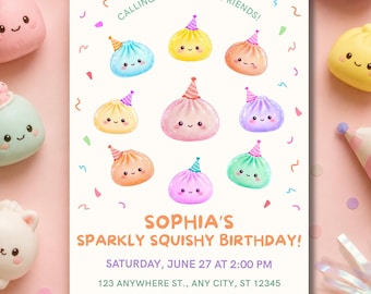 Sprankelende squishy knoedel verjaardagsuitnodiging, kawaii kinderen verjaardagsfeestje uitnodigen, bewerkbare canva-sjabloon, digitale download