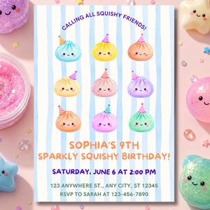 Inbjudan till glittriga dumplings med squishymotiv, kawaii barnfestinbjudan, redigerbar Canvas-mall (digital nedladdning)