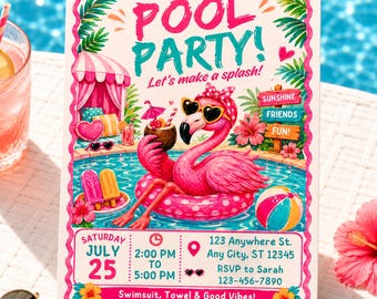 Sjabloon uitnodiging zwembadfeest flamingo, meisjes zomer verjaardagsuitnodiging, roze zwembadfeest, bewerkbare canvas uitnodiging, tropische verjaardag
