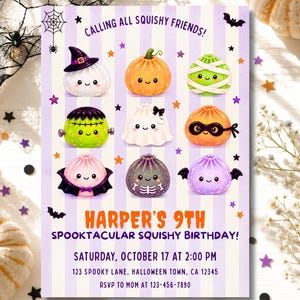 Invitación de cumpleaños de Halloween con diseño de dumpling brillante editable, plantilla de Canva para fiestas de disfraces con temática de blandito brillante para niños.