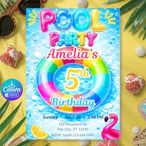 May include: A pool party invitation with the text "Pool Party Amelia's 5th Birthday". The invitation features a colorful inflatable ring, a pink flamingo, and a slice of lemon on a yellow background. Sunglasses and sandals are also visible.