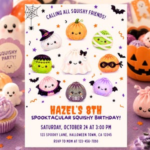 Może przedstawiać: Zaproszenie urodzinowe w stylu Halloween z uroczymi postaciami typu squishy, takimi jak dynia, mumia, duch i wampir. Tekst głosi: CALLING ALL SQUISHY FRIENDS! HAZEL'S 8TH SPOOKTACULAR SQUISHY BIRTHDAY! SATURDAY, OCTOBER 24 AT 3:00 PM.