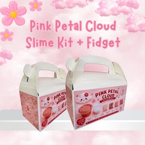 May include: Two white cardboard boxes with handles, featuring a pink floral design and the text "Pink Petal Cloud Slime Kit + Fidget." The boxes have a pink and white color scheme, with a cartoon cloud and flower graphic.