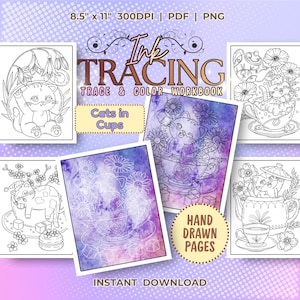 Cats in Cups Hand Drawn Ink Tracing and Coloring Book, Cute Kittens Drawing and Painting Outline | Procreate & E-Ink Device Workbook
